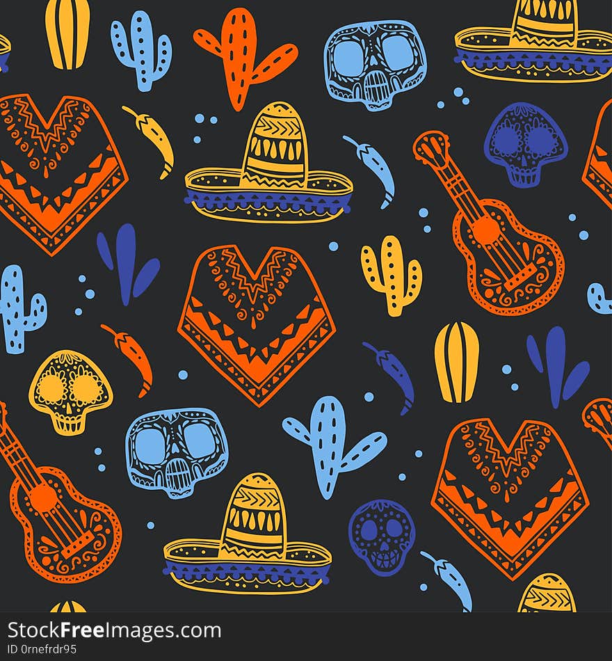 Vector seamless pattern with Mexico traditional celebration decor elements