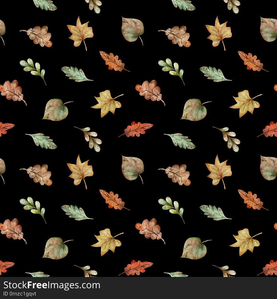 Pattern of watercolor colorful autumn leaves - red, yellow, green, orange, brown on black background. Floral seamless texture. Autumn botany illustration. Elegant colorful design. Cute textile ornament.