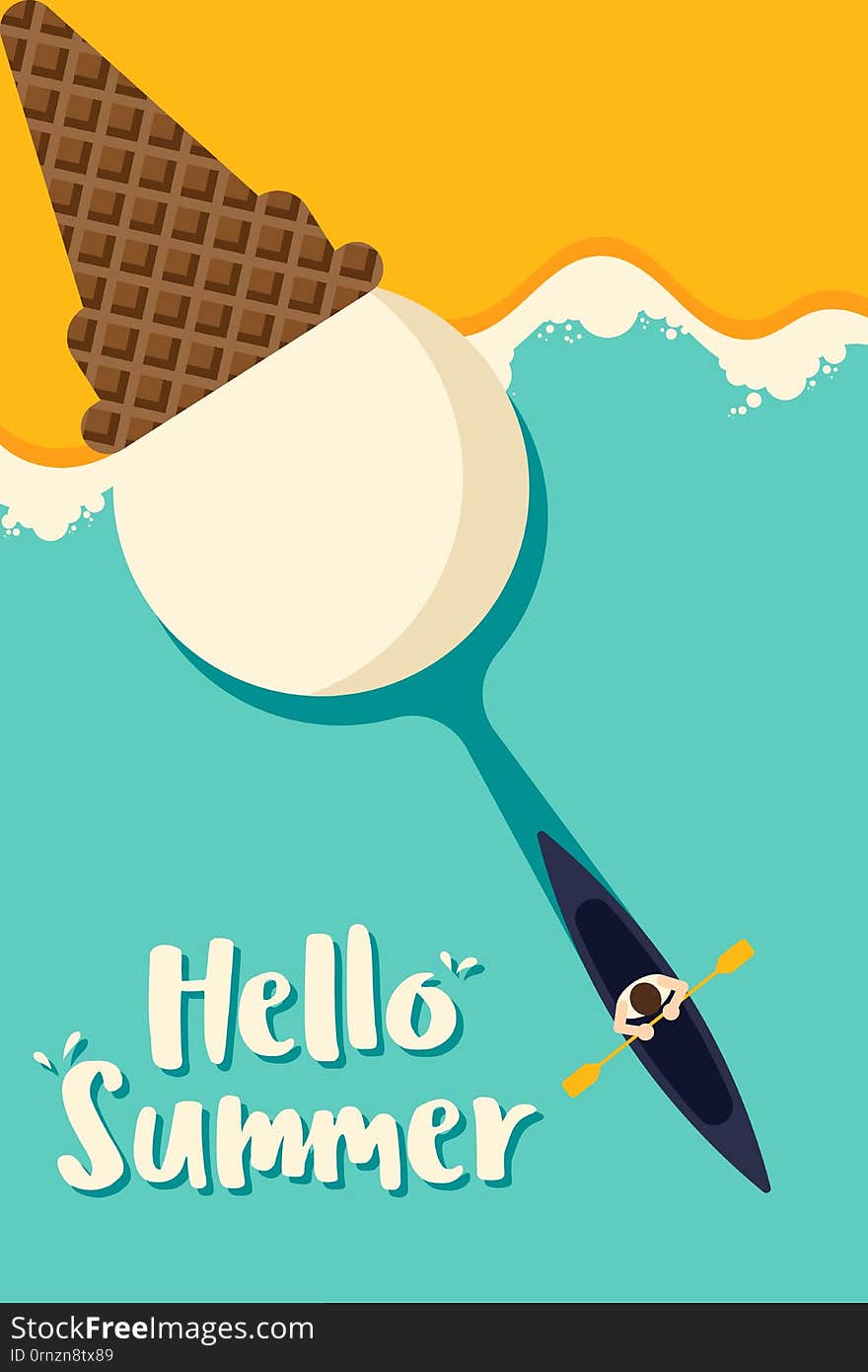 Summer time and happy holiday poster template background, A man rowing a kayak from an ice cream, vector illustration