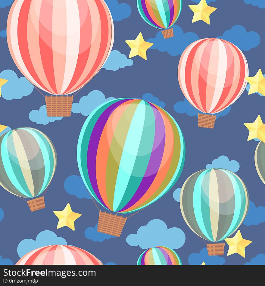 Seamless pattern with air balloons and stars. Wallpaper for children room.