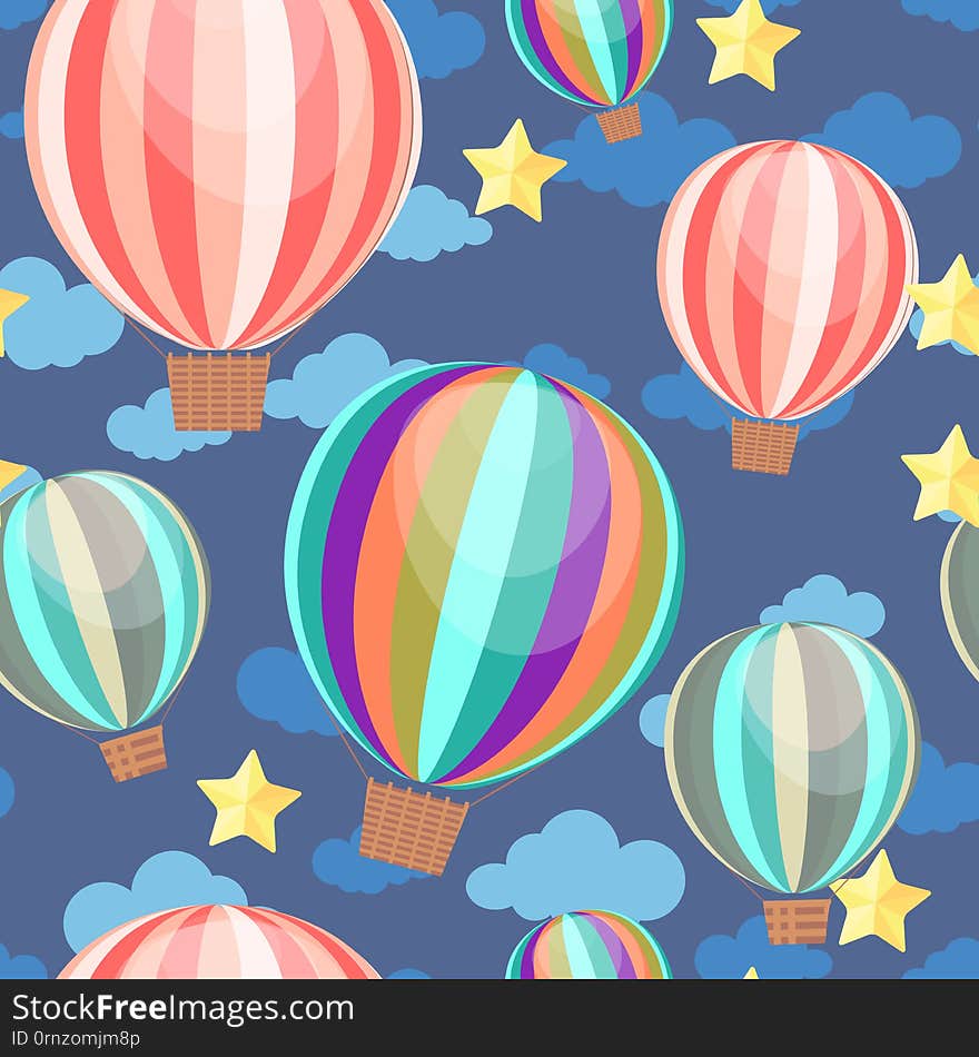 Seamless pattern with air balloons and stars. Wallpaper for children room