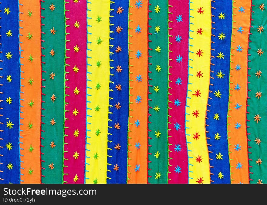 Bright fabric. Indian fabric with ornament. Fabric background