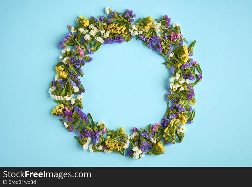 Colored flowers on blue background composition, circle shape. Flat lay and top view photo, border, frame, leafs, layout, above, bright, card, concept, copy, space, copyspace, desk, flatlay, minimal, mock, up, mockup, overhead, table, flyer, brochure, design, cozy, decoration