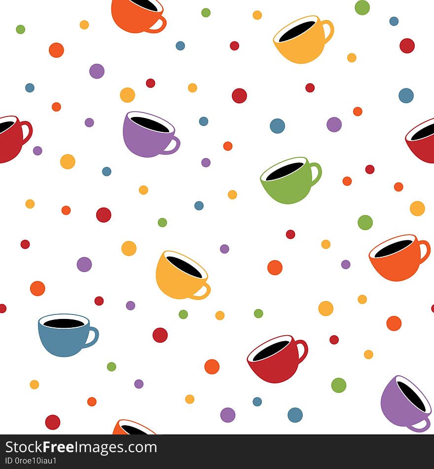 Seamless Pattern With Cororful Tea Or Coffee Cups On White