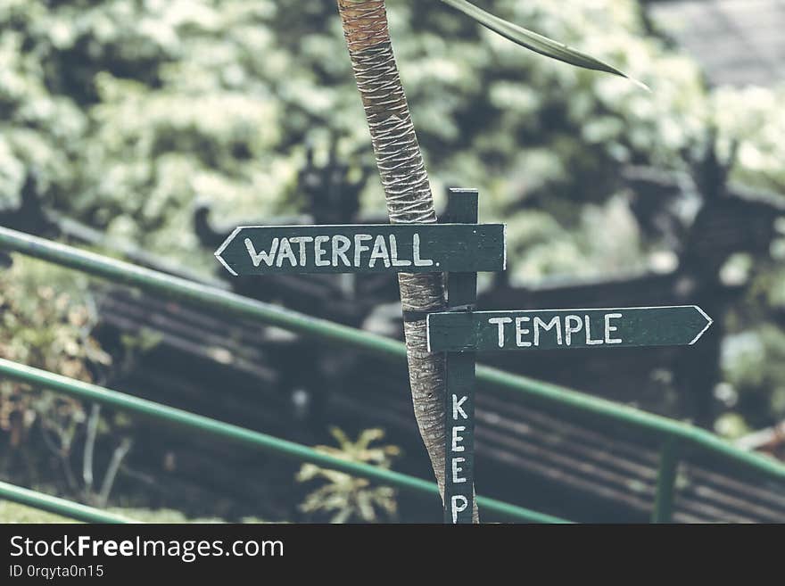 Waterfall sign in the jungle of Bali island. Waterfall sign in the jungle of Bali island.