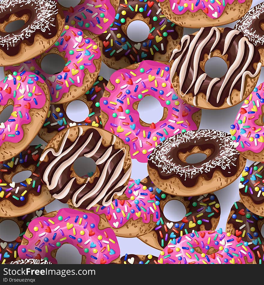 Seamless Pattern With Yummy Donuts. Vector.