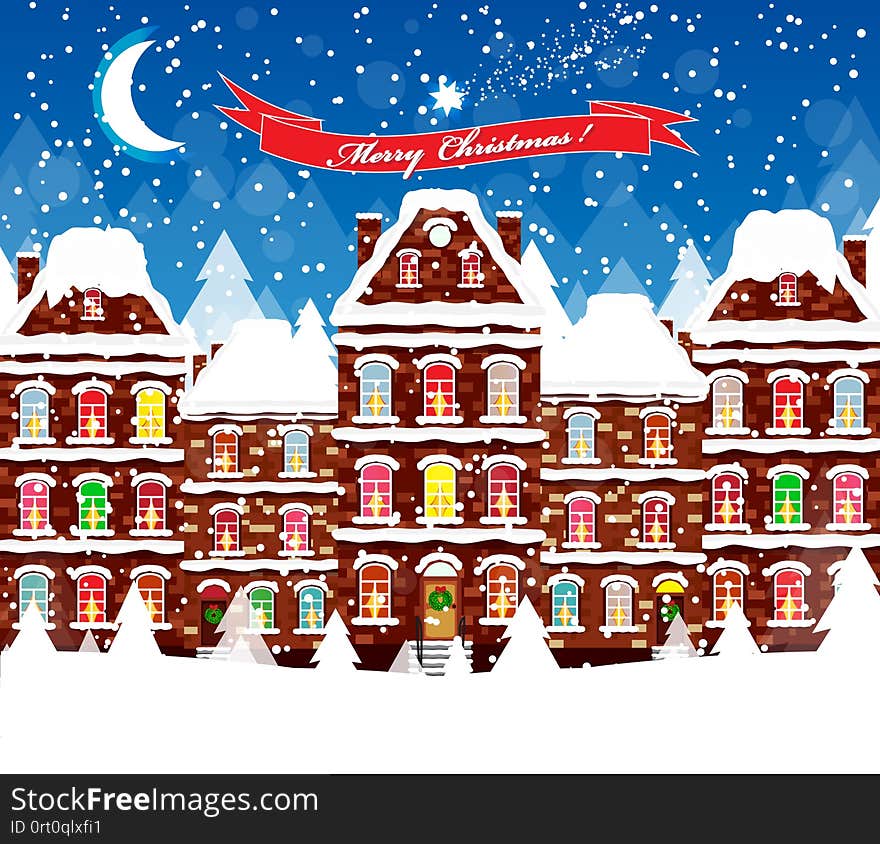 Christmas city street with houses and trees. Vector illustration background. Christmas city street with houses and trees. Vector illustration background