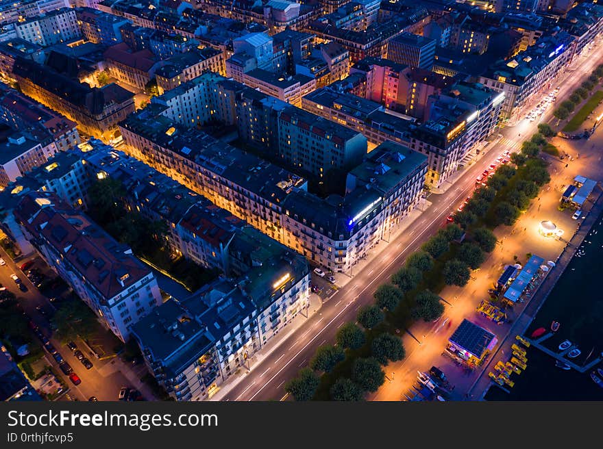 Aerial  night view of Geneva city waterfront skyline in Switzerland