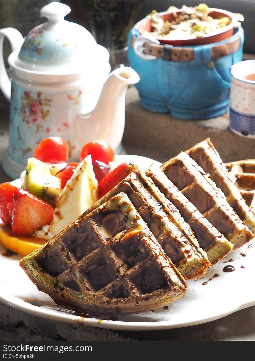 Original hotcake with fruit on white plate