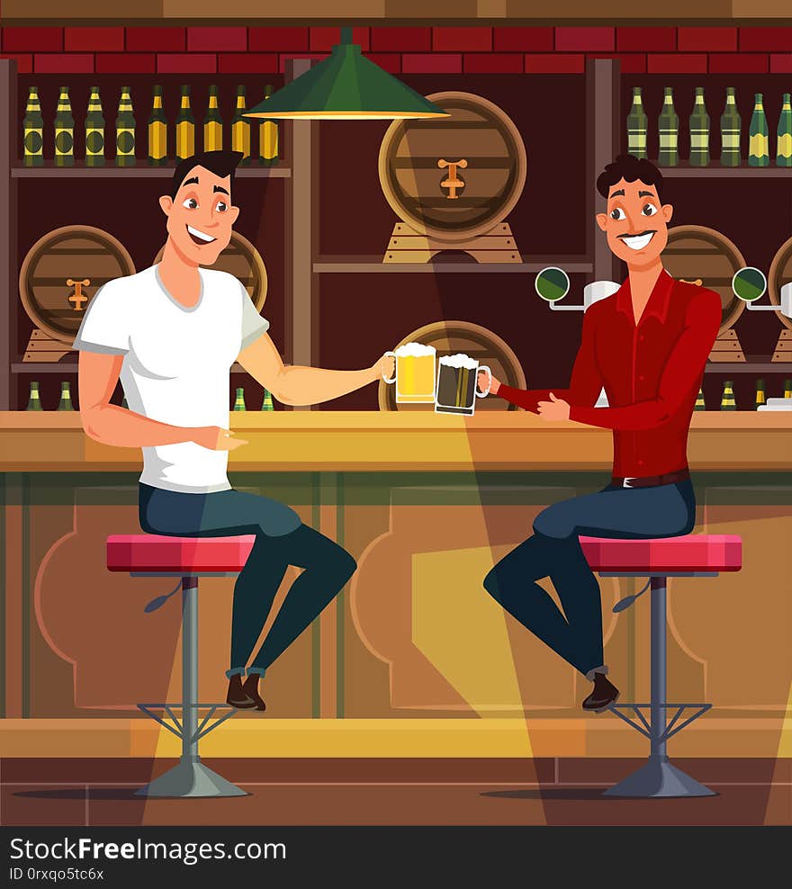 Young Men Drinking Beer In Pub Vector Illustration