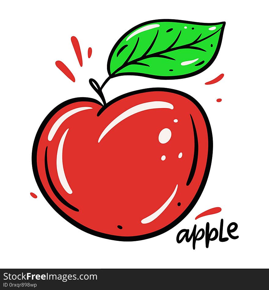 Red Apple hand drawn vector illustration and lettering. Isolated on white background