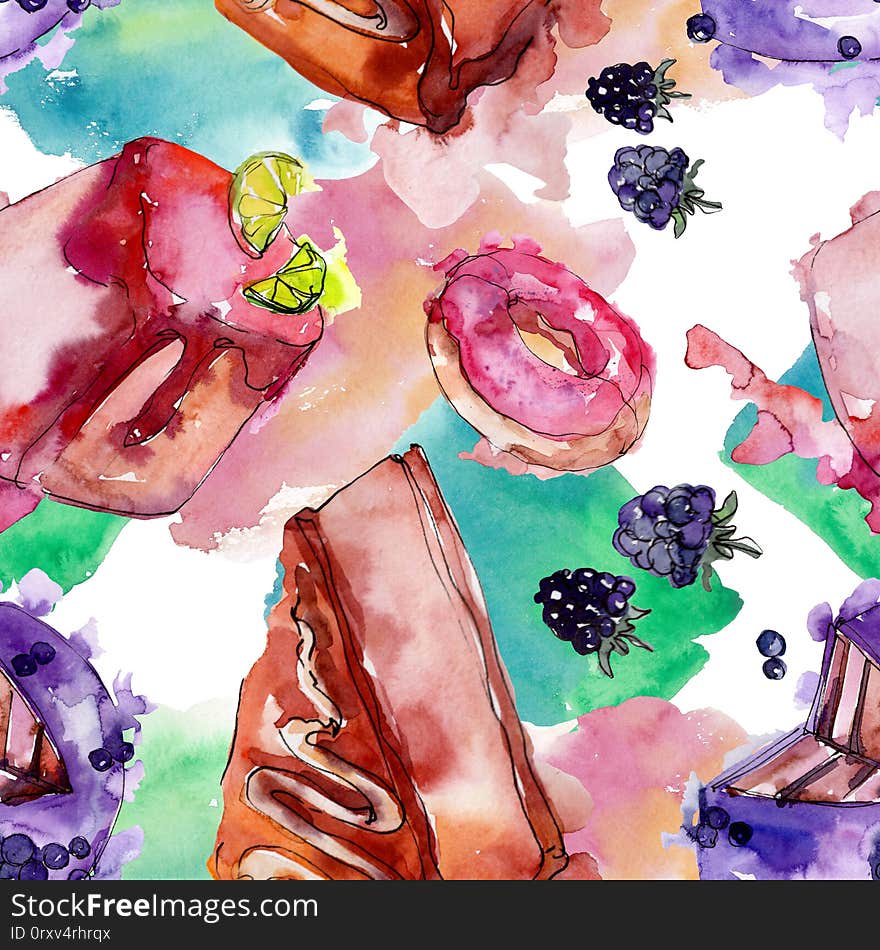 Tasty cake in a watercolor style. Hand drawning fashion aquarelle. Watercolour illustration set. Seamless background pattern. Fabric wallpaper print texture. Tasty cake in a watercolor style. Hand drawning fashion aquarelle. Watercolour illustration set. Seamless background pattern. Fabric wallpaper print texture.