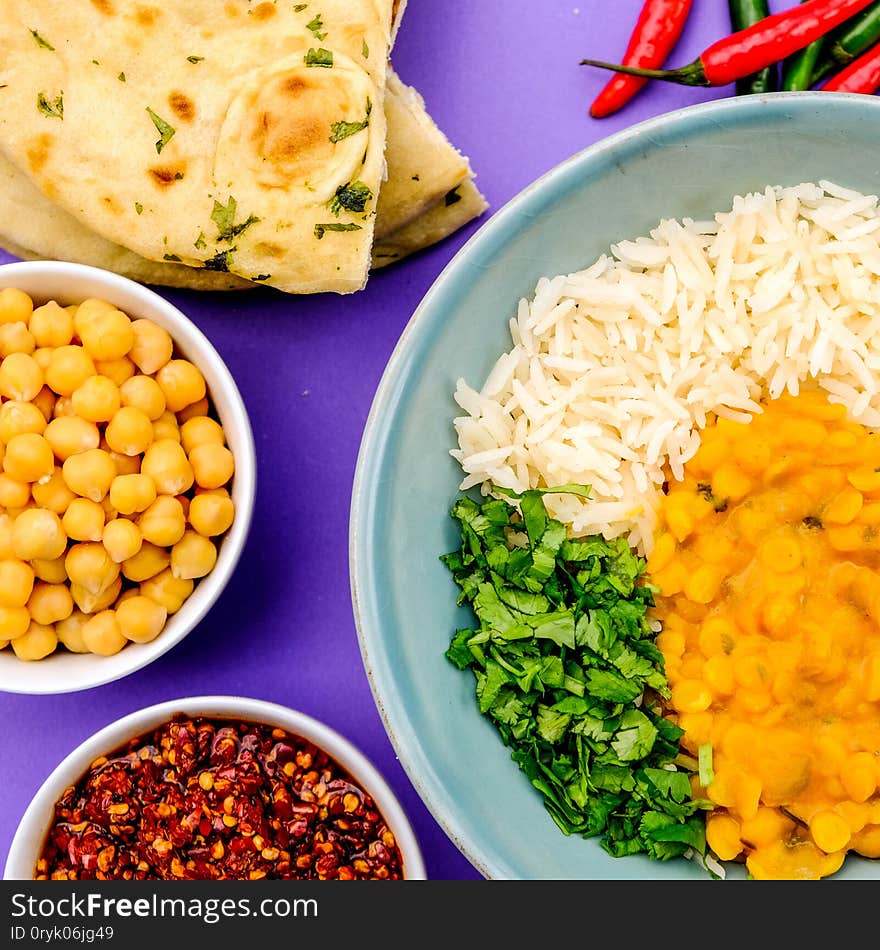 Indian Style Healthy Vegetarian Lentil Curry With Basmati Rice, Chickpeas and Coriander Herbs. Indian Style Healthy Vegetarian Lentil Curry With Basmati Rice, Chickpeas and Coriander Herbs