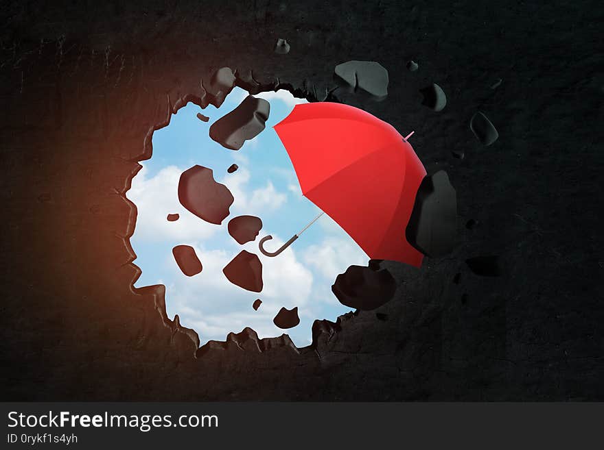 3d rendering of red umbrella breaking black wall. Digital art. Building and demolition. Objects and materials.