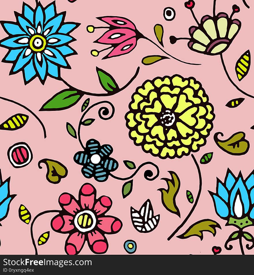 Floral decor seamless pattern. Hand-drawn multicolored flowers.