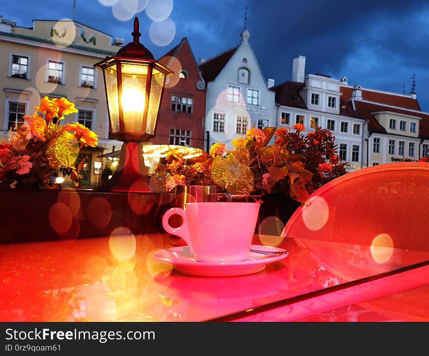 Outdoor Autumn Season  Orange Background Cafe Table  Street Cafe Cup Of Coffee Evening City Light Blurring Bokeh Evening City   Me