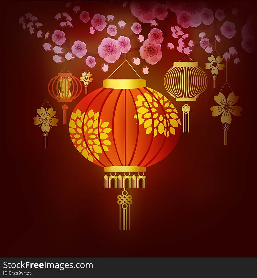 Chinese new year decoration--Traditional lantern and plum blossom on a festive background. Translation Mouse.