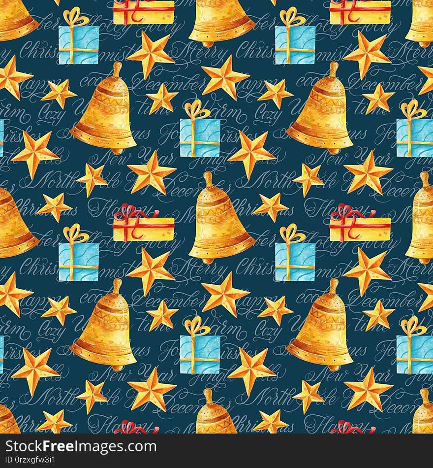 Watercolor delicate seamless pattern with a calligraphy layer, golden bells, stars, and gifts in blue and gold colors. Can be used as Christmas design for wrapping, postcards, or textile. Watercolor delicate seamless pattern with a calligraphy layer, golden bells, stars, and gifts in blue and gold colors. Can be used as Christmas design for wrapping, postcards, or textile