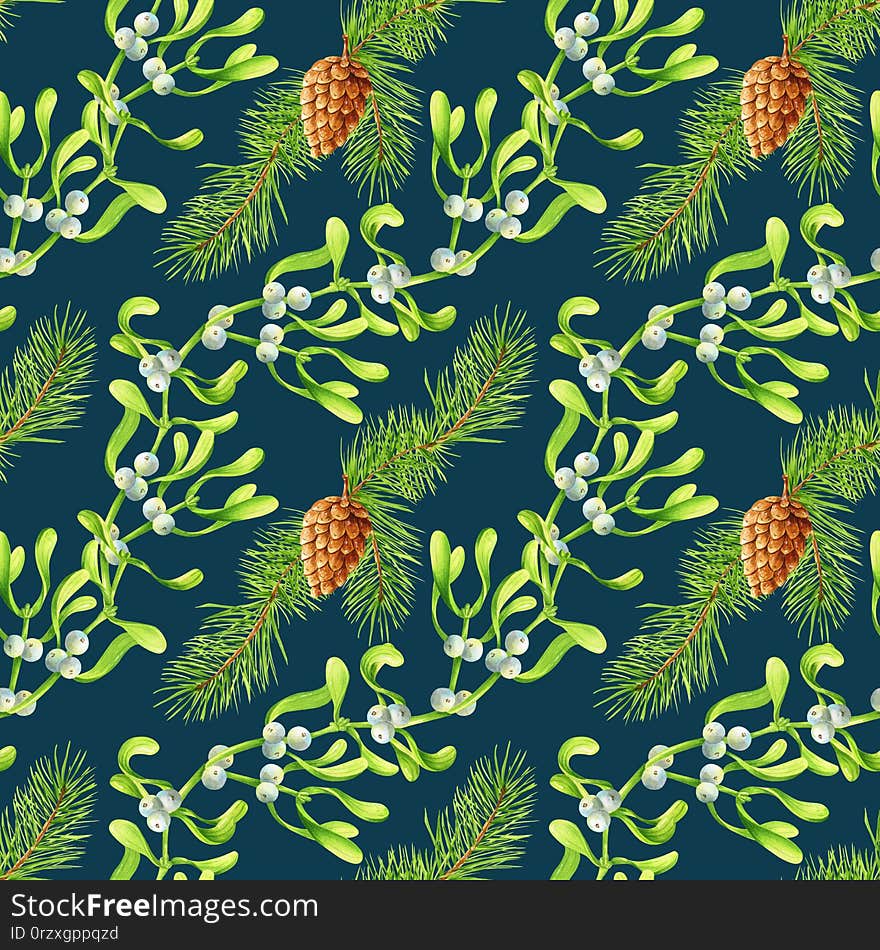 Watercolor botanical seamless pattern with branches of spruce and mistletoe in vintage style in green colors. Can be used as Christmas or branding design for wrapping, postcards, or textile. Watercolor botanical seamless pattern with branches of spruce and mistletoe in vintage style in green colors. Can be used as Christmas or branding design for wrapping, postcards, or textile