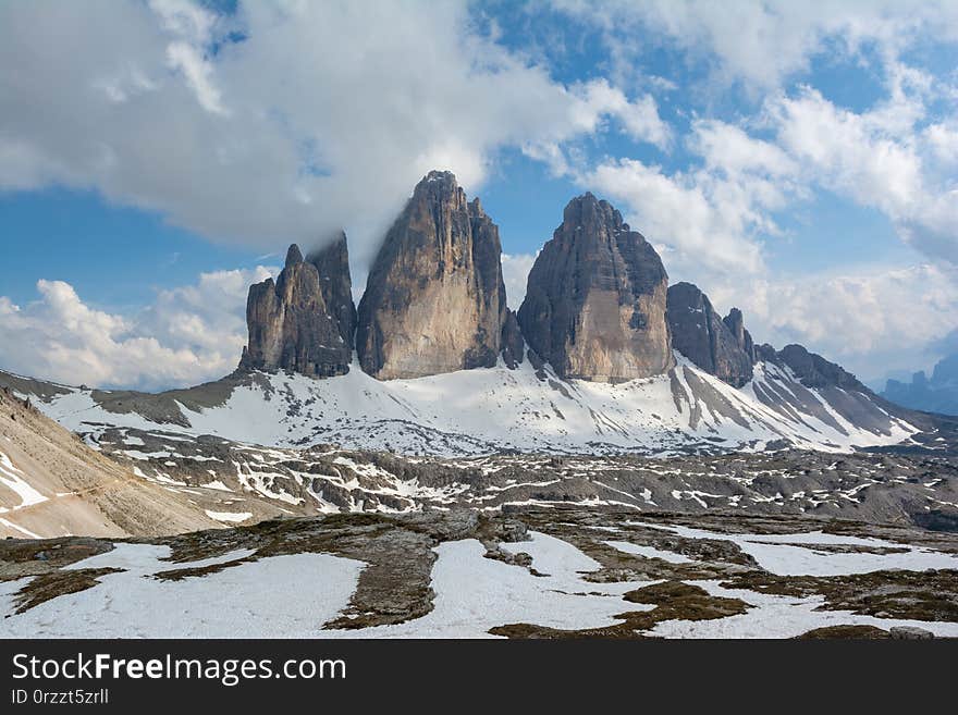 Classic view on Tre Cime Drei Zinnen mountain. Dolomites, Italy