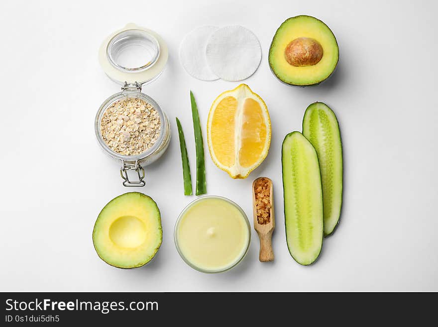 Composition with ingredients for handmade face mask on white background, top view