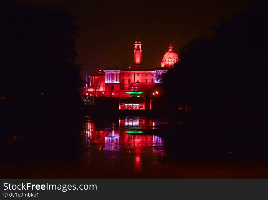 Reflect, mirror, light, building, architecture, night, sly, sky, water