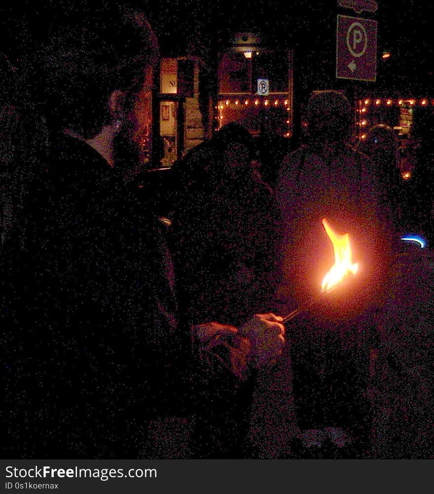 Fire jugglers performing in Heritage Square. Flagstaff Art Walk November 2008.