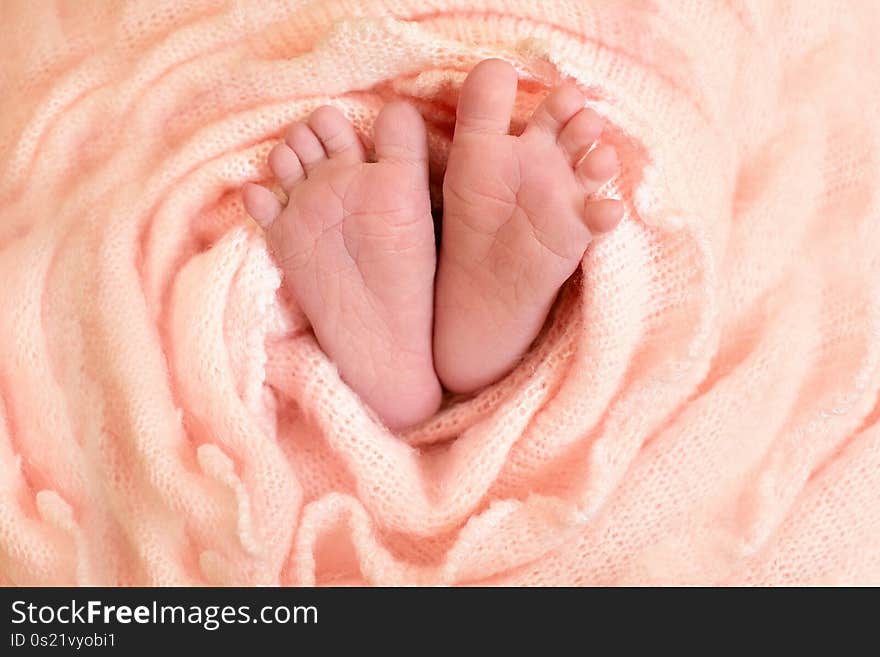 Feet of the newborn baby girl with pink flowers, fingers on the foot, maternal care, love and family hugs, tenderness.