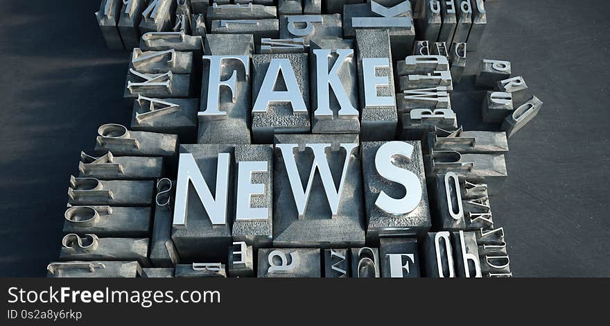 3D rendering of a group of metallic printing letters and the words Fake News