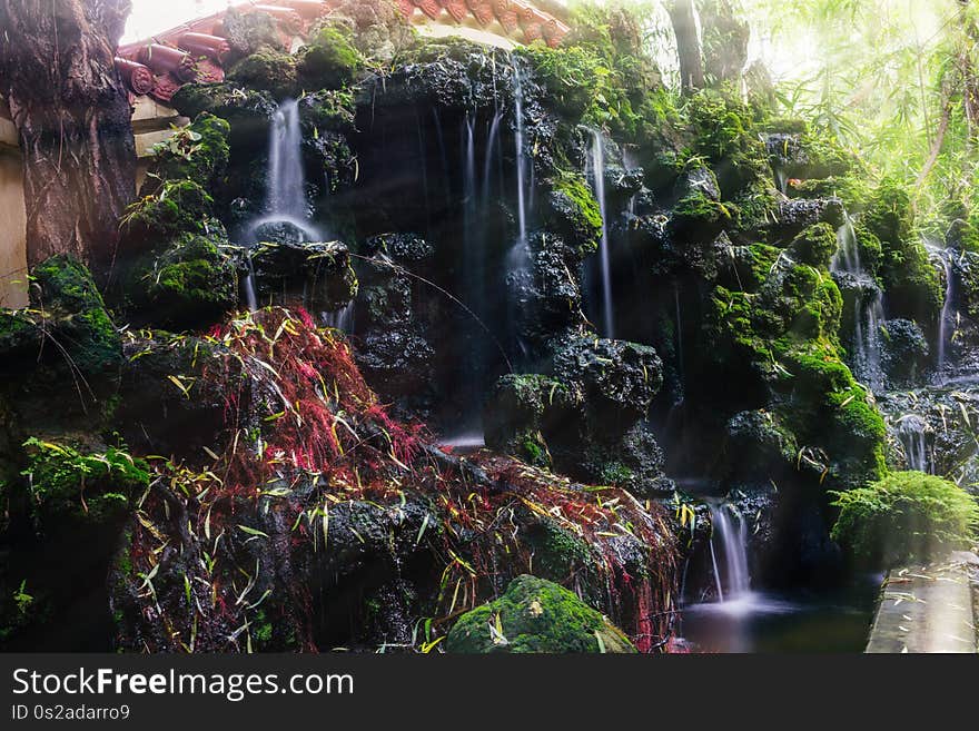 The beauty of mosses and rocks on waterfalls in nature