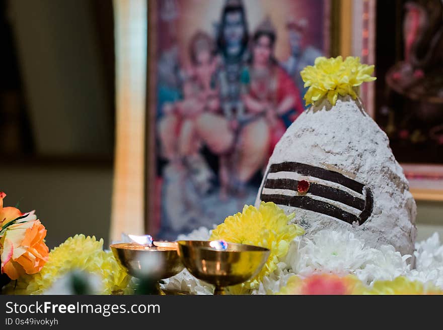 Decorated Lingam named Mallikarjun. Mahashivaratri 2016 celebration at Shakti center, Riga, Latvia.