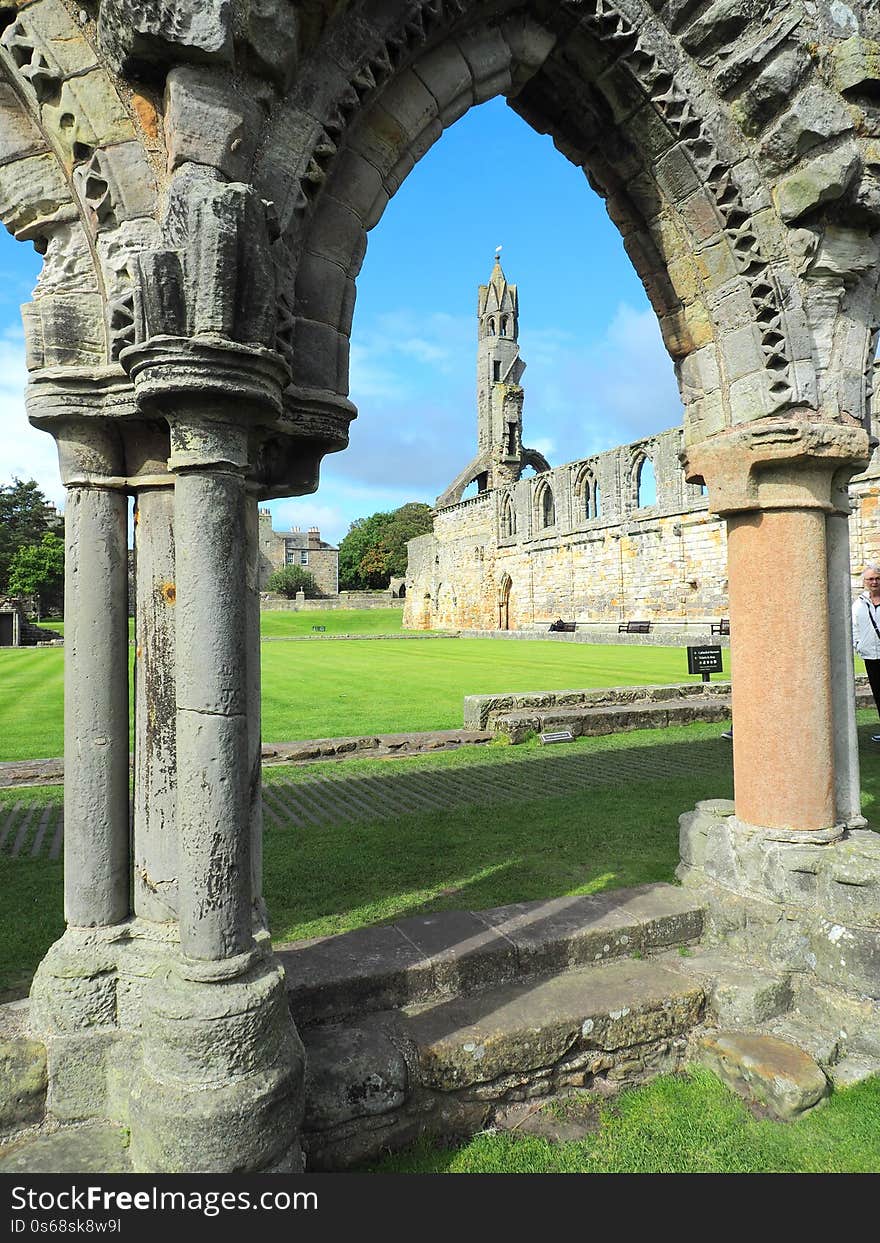 Conceptually seen ruins of the great medieval cathedral in the Scottish city of St. Andrews. Conceptually seen ruins of the great medieval cathedral in the Scottish city of St. Andrews.