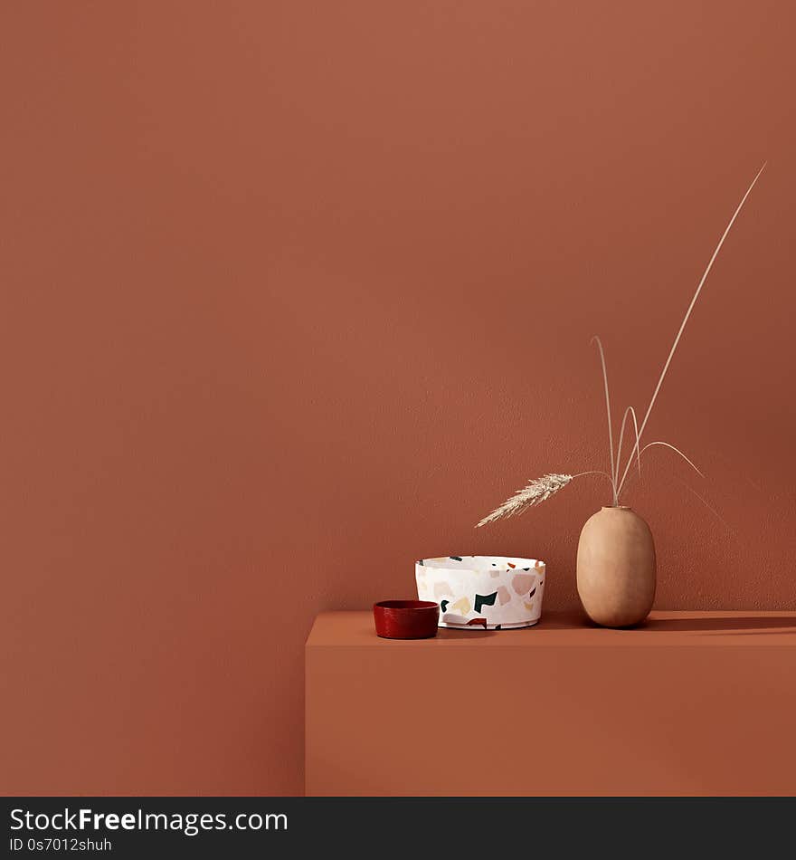 Ceramic and clay vase with wheat spikes  on a background of a teracotta wall / 3D illustration, 3d render. Ceramic and clay vase with wheat spikes  on a background of a teracotta wall / 3D illustration, 3d render