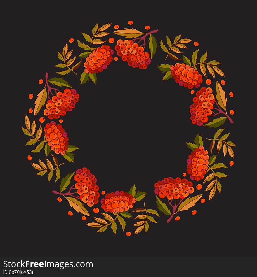 Decorative round frame rowan branch, leaves and red berries. Autumn design for greeting cards, posters, design of social networks