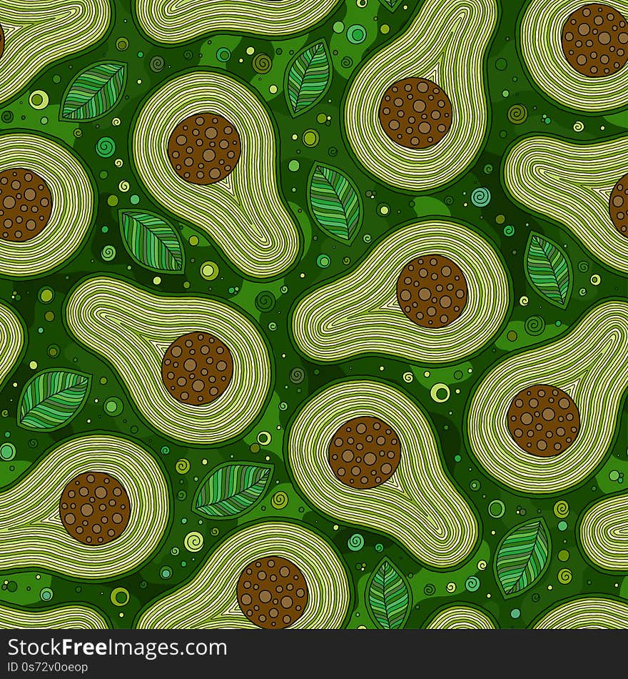 Big colorful avocados in flat color ondark background seamless pattern