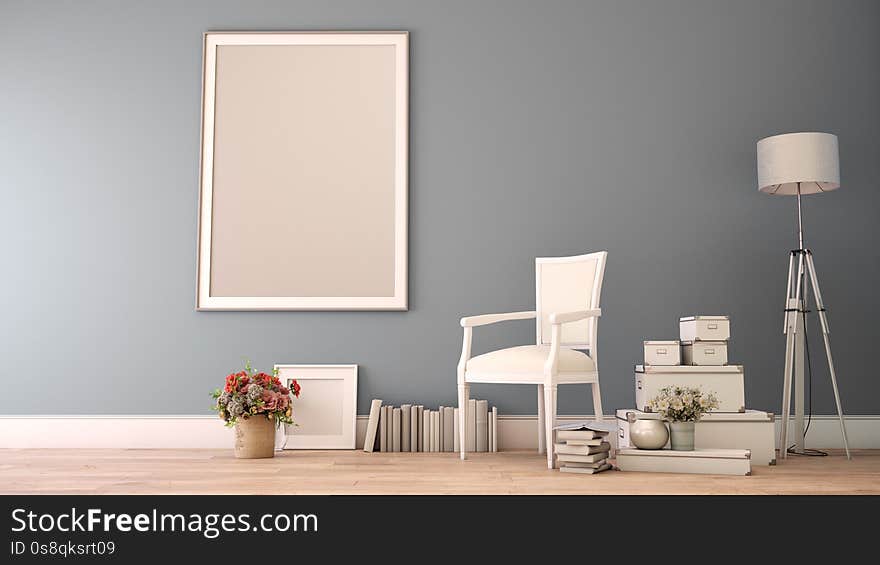 3D rendering of a home interior with a mock up poster frame. 3D rendering of a home interior with a mock up poster frame