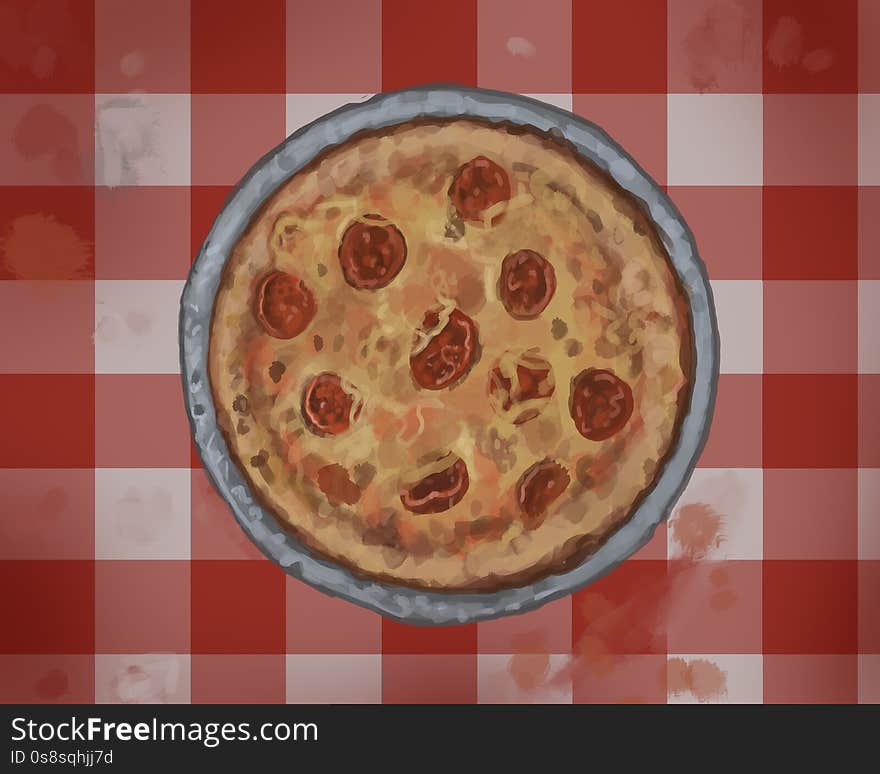 A painting of a pizza pie sitting on a diner table covered in a checkered table cloth - digital illustration