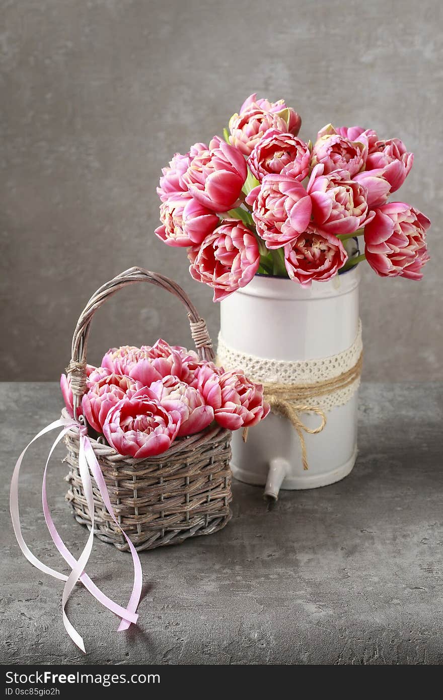 Bouquet of pink tulips. Party decor