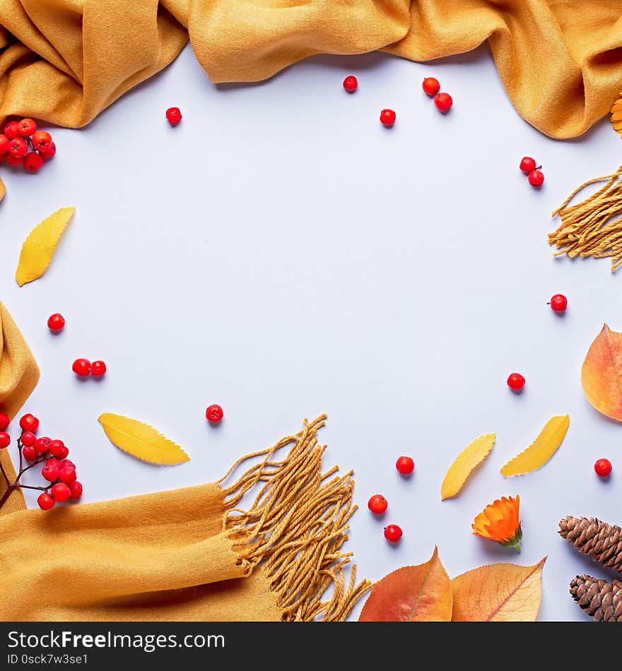 Autumn composition with yellow scarf or blanket, leaves, red berries on pastel background, flat lay