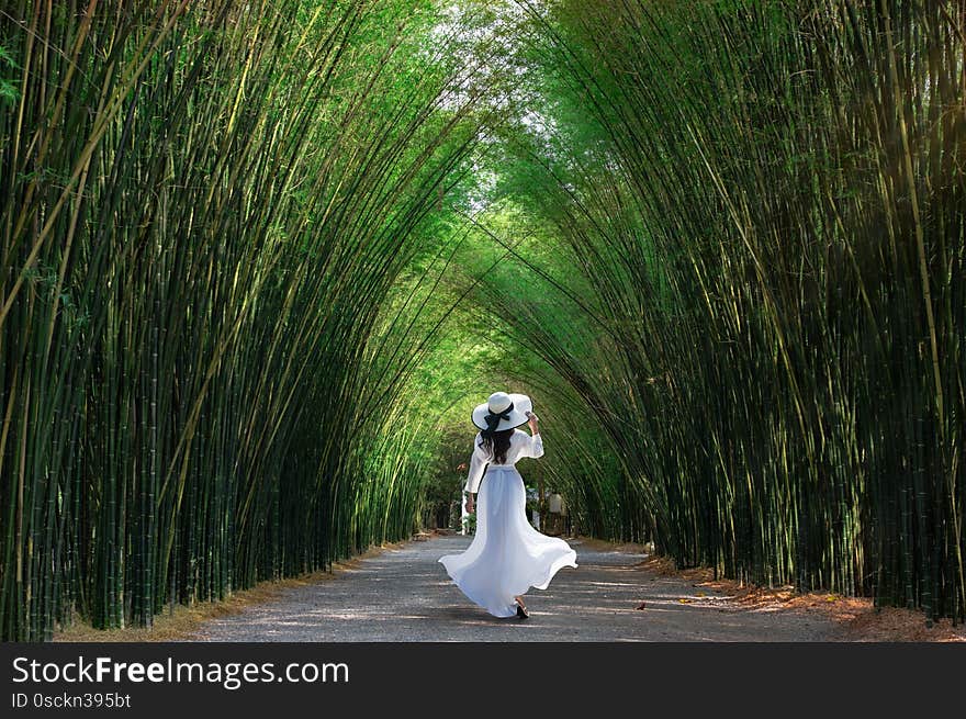 Asian woman traveler at green bamboo tunnel at Chulabhorn wanaram temple is a tourist attraction of the Nakhon Nayok Province, Thailand.