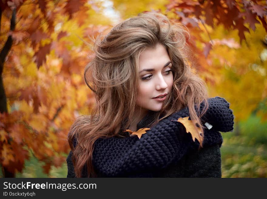 Outdoors portrait of young beautiful woman in scarf and jacket on yellow autumn foliage background