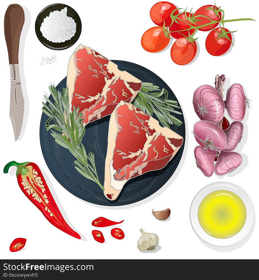 Variety of meat steaks on board with side products and herbs. Vector illustration