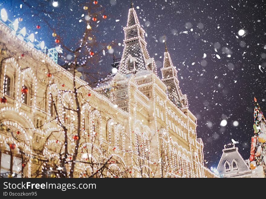 Winter photo of GUM in Moscow on Red Square in a snowstorm