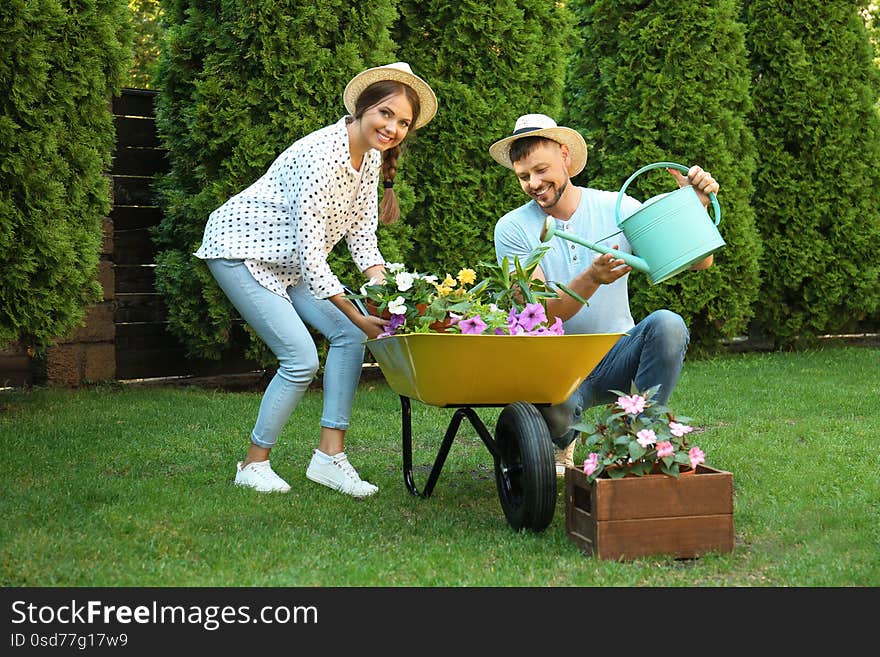 Happy couple working together in green garden