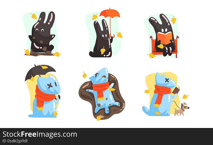 Unusual characters in the form of a dog made of water and a hare of mud. Vector illustration.