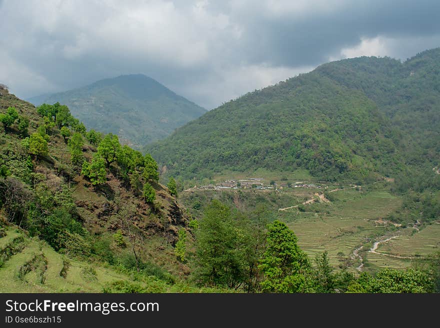 Beautiful landscape of valley with green hills at Himalaya mountains in Nepal