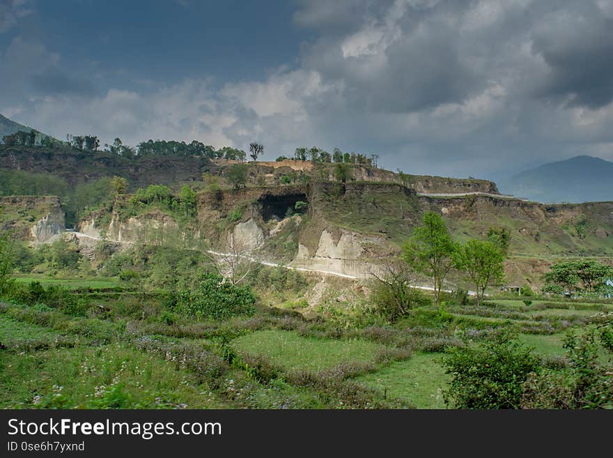 Beautiful landscape view of high green hills at Himalaya mountains in Nepal