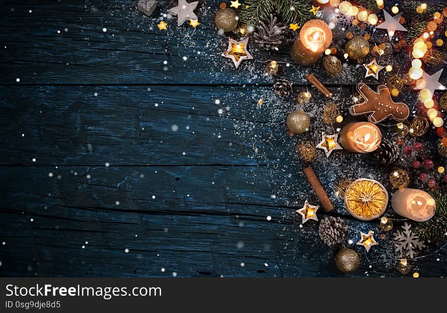 Christmas decoration on wooden background, lots of copy space for product or text.