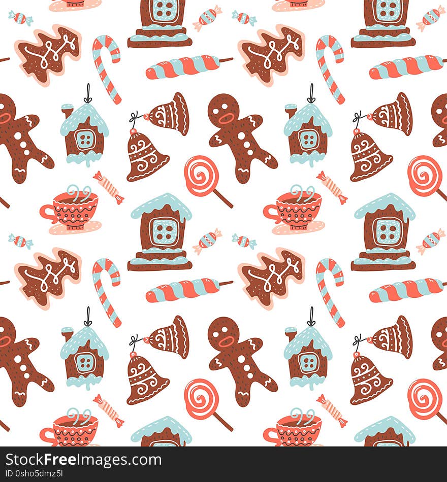 Christmas Seamless pattern with cacao drink, ginger cookie, candy cane and lollipop. Xmas sweets. Vector illustration for textile