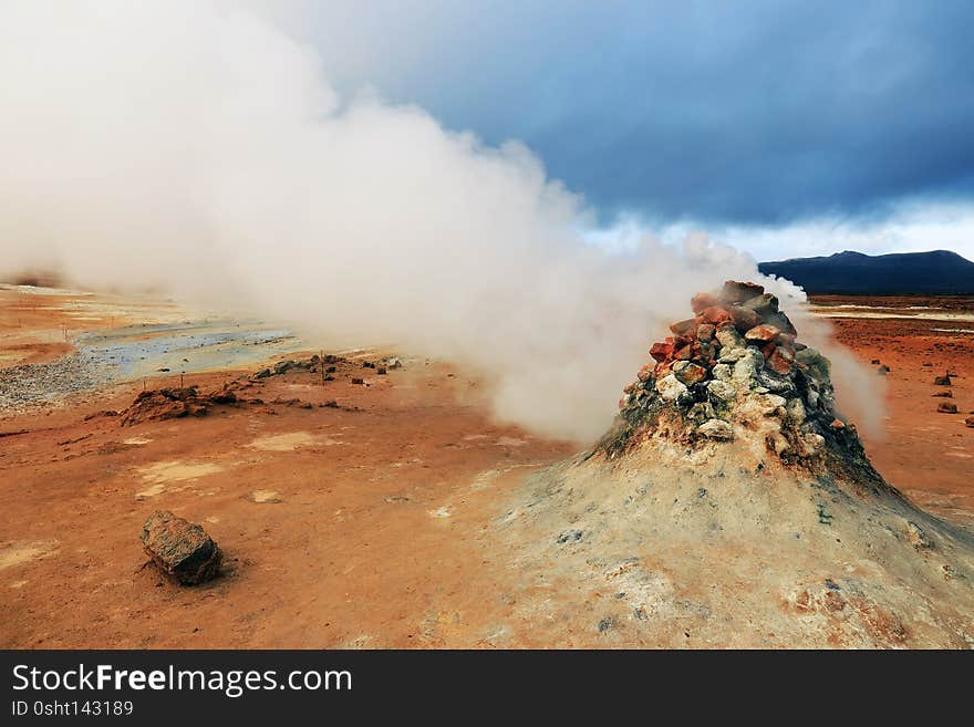 One of the massive sulfur vents in Hverir. Geothermal region of Hverir near Myvatn Lake in Iceland.